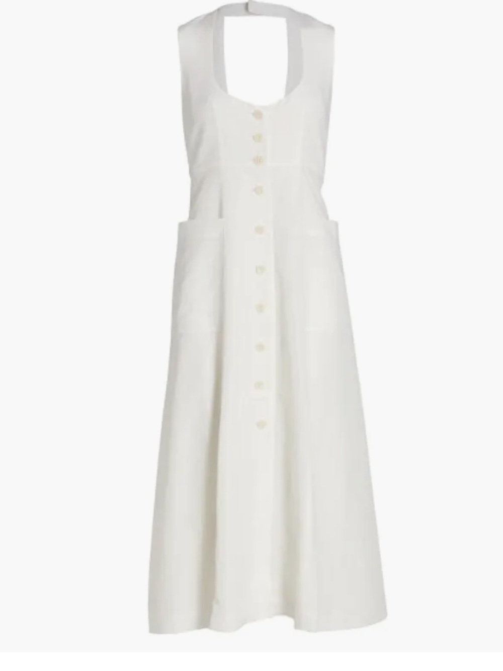 Sleeveless White Button-Front Maxi Dress with Patch Pockets